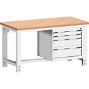 Banco de trabajo Bott cubio, regulable en altura manualmente, madera de haya cobriza, An 1500 x Pr 750 x Al 740-1140 mm, gris claro RAL 7035, 1200 kg de capacidad de carga