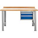 Banco de trabajo modular Schäfer Shop Select, mueble básico, tablero multiplex de haya, hasta 500 kg, An 1500 x Pr 700 x Al 840 mm, plata claro/azul genciana ral 5010