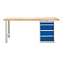Banco de trabajo modular Schäfer Shop Select, mueble básico, tablero multiplex de haya, hasta 500 kg, An 2000 x Pr 700 x Al 840 mm, gris claro ral 7035/ azul genciana ral 5010