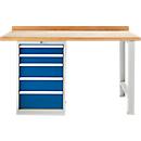 Banco de trabajo modular Schäfer Shop Select, mueble básico, tablero multiplex de haya, hasta 500 kg, An 2000 x Pr 700 x Al 840 mm, gris claro ral 7035/ azul genciana ral 5010