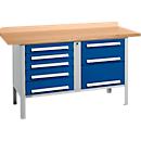 Banco de trabajo tipo caja Schäfer Shop Select PWi 150-8, tablero multiplex de haya, hasta 750 kg, An 1500 x Pr 700 x Al 840 mm, azul genciana