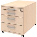 BARI filing cabinet on castors, material drawer, 3 drawers, lockable, W 432 x D 800 x H 538 mm, maple finish