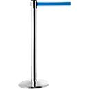 Barrier post, chrome silver, webbing blue, extendable up to 2 m, self-retracting, with brake, Ø 360 x H 1040 mm, chrome-plated metal