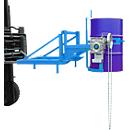 Basculeur de fûts Bauer type FD/L, pour fûts de 110 à 220 l, 360 kg, basculement à 270°, avec chaîne sans fin, montage sur chariot élévateur, bleu clair RAL 5012