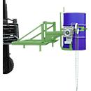 Basculeur de fûts Bauer type FD/L, pour fûts de 110 à 220 l, 360 kg, basculement à 270°, avec chaîne sans fin, montage sur chariot élévateur, vert réséda RAL 6011
