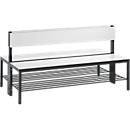 Basic Plus bank, 2-zijdig, met rugleuning en schoenenrek, 4-poots frame zwartgrijs RAL 7021, B 1500 mm, decor wit