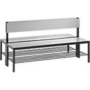 Basic Plus bank, 2-zijdig, met rugleuning &amp; schoenenrek, 4-poots frame zwartgrijs RAL 7021, B 1500 mm, decor zilvergrijs