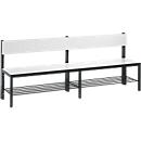 Basic Plus bench, 1-sided, backrest, with shoe rack, 4-legged base black-grey RAL 7021, W 1960 mm, white decor