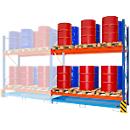 BAUER Umwelt-Anbauregal UR-A 2700-2, Palettenregal, B 2800 x T 1300 x H 3000 mm, für max. 12 x 200-l-Fässer, Auffangwanne 277 l, lichtblau/verkehrsblau/reinorange