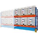 BAUER Umwelt-Anbauregal UR-A 3300-2, Palettenregal, B 3400 x T 1300 x H 3000 mm, für max. 6 IBC, Auffangwanne 1000 l, lichtblau/verkehrsblau/reinorange