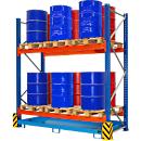 BAUER Umwelt-Grundregal UR-G 2700-2, Palettenregal, B 2900 x T 1300 x H 3000 mm, für max. 12 x 200-l-Fässer, Auffangwanne 277 l, lichtblau/verkehrsblau/reinorange