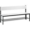 Bench Basic Plus, 1-sided, backrest, with shoe rack, 4-legged base black-grey RAL 7021, W 1500 mm, decor white