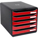Bloc à tiroirs BIG-BOX PLUS, A4+, 5 tiroirs semi-ouverts avec butée de sortie, poignée encastrée et porte-étiquettes, noir-rouge