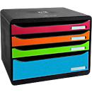 Bloc à tiroirs BIG-BOX PLUS HORIZON QUER, A4+, 4 tiroirs semi-ouverts, butée coulissante/poignée recess/porte-étiquettes, étiquettes, Ange Bleu, noir-harlequin