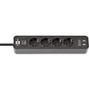 Bloc multiprises Ecolor brennenstuhl® 4 prises, 2 x USB, IP20, sécurité enfant, 2100 mA, plastique, noir/noir
