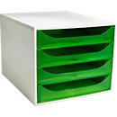 Boîte à tiroirs Exacompta, format A4+, 4 tiroirs semi-ouverts, poignées encastrées, label « Blauer Engel », L 284 x P 348 x H 234 mm, polystyrène, vert pomme