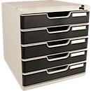 Boîte à tiroirs MODULO, format A4+, 5 tiroirs verrouillables, fermée, poignée encastrée &amp; porte-étiquette, 2 clés, plastique, gris
