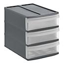 Boîte à tiroirs Rotho SYSTEMIX TOWER S, 3 tiroirs fermés format A5, poignées encastrées, empilable, L 265 x l 192 x H 233 mm, PP, anthracite-transparent