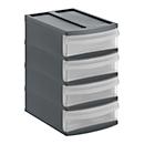 Boîte à tiroirs Rotho SYSTEMIX TOWER XS, 4 tiroirs fermés format A6, poignées encastrées, empilable, L 196 x l 141 x H 233 mm, PP, anthracite-transparent
