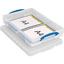 Boîte de transport Really Useful Box, volume 10 l, L 520 x l 340 x H 85 mm, empilable, avec couvercle &amp; poignées rabattables, PP recyclé, transparent