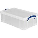 Boîte de transport Really Useful Box, volume 12 l, L 465 x l 250 x H 150 mm, empilable, avec couvercle &amp; poignées rabattables, PP recyclé, transparent