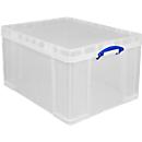 Boîte de transport Really Useful Box, volume 145 l, L 810 x l 620 x H 430 mm, empilable, avec couvercle &amp; poignées rabattables, PP recyclé, transparent