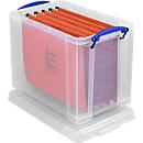 Boîte de transport Really Useful Box, volume 19 l, L 395 x l 255 x H 290 mm, empilable, avec couvercle &amp; poignées rabattables, PP recyclé, transparent