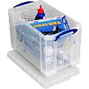 Boîte de transport Really Useful Box, volume 24 l, L 460 x l 270 x H 290 mm, empilable, avec couvercle &amp; poignées rabattables, PP recyclé, transparent
