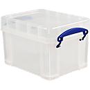 Boîte de transport Really Useful Box, volume 3 l, L 240 x l 180 x H 160 mm, empilable, avec couvercle &amp; poignées rabattables, PP recyclé, transparent