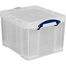 Boîte de transport Really Useful Box, volume 35 l, L 480 x l 390 x H 310 mm, empilable, avec couvercle &amp; poignées rabattables, PP recyclé, transparent