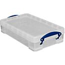 Boîte de transport Really Useful Box, volume 4 l, L 395 x l 255 x H 85 mm, empilable, avec couvercle &amp; poignées rabattables, PP recyclé, transparent