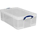 Boîte de transport Really Useful Box, volume 50 l, L 710 x l 440 x H 230 mm, empilable, avec couvercle &amp; poignées rabattables, PP, transparent