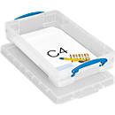Boîte de transport Really Useful Box, volume 6 l, L 465 x l 270 x H 85 mm, empilable, avec couvercle &amp; poignées rabattables, PP recyclé, transparent