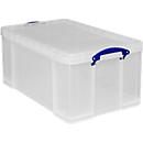 Boîte de transport Really Useful Box, volume 64 l, L 710 x l 440 x H 310 mm, empilable, avec couvercle &amp; poignées rabattables, PP recyclé, transparent