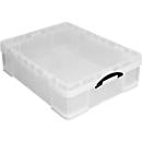 Boîte de transport Really Useful Box, volume 70 l, L 810 x l 620 x H 225 mm, empilable, avec couvercle &amp; poignées rabattables, PP recyclé, transparent