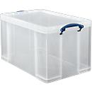 Boîte de transport Really Useful Box, volume 84 l, L 710 x l 440 x H 380 mm, empilable, avec couvercle &amp; poignées rabattables, PP recyclé, transparent