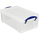 Boîte de transport Really Useful Box, volume 9 l, L 395 x l 255 x H 155 mm, empilable, avec couvercle &amp; poignées rabattables, PP recyclé, transparent