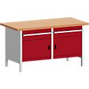 Bott box-type werkbank, stalen frame, rood beuken werkblad, B 1500 x D 750 x H 840 mm, paars/lichtgrijs