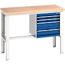 Bott cubio werkbank, handmatig in hoogte verstelbaar, beuken multiplex blad, B 1500 x D 750 x H 740-1140 mm, tot 800 kg, lichtgrijs/gentiaanblauw
