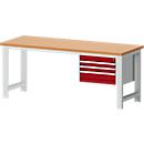 Bott cubio werkbank, handmatig in hoogte verstelbaar, werkblad rood beuken 40 mm, B 2000 x D 750 x H 740-1140 mm, staal, lichtgrijs/paars, 3 laden, draagvermogen 1200 kg
