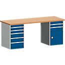 Bott Cubio werkbank, koperen beukenhouten blad, B 2000 x D 750 x H 840 mm, tot 1200 kg, stalen frame, 7 laden, lichtgrijs/gentiaanblauw