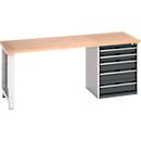 Bott cubio werkbank, met ladekast, beuken multiplex blad, B 2000 x D 750 x H 840 mm, draagvermogen 700 kg, 5 laden, staal, antraciet/lichtgrijs RAL 7035