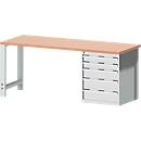 Bott cubio werkbank, met ladekast, rood beukenhout, B 2000 x D 750 x H 840 mm, 700 kg, lichtgrijs RAL 7035