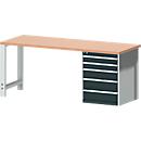 Bott cubio werkbank, met ladekast, rood beukenhout, B 2000 x D 750 x H 840 mm, antraciet/lichtgrijs RAL 7035, 700 kg