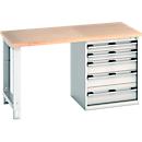 Bott Cubio werkbanken, beuken multiplex blad, B 1500 x D 750 x H 840 mm, tot 1200 kg, lichtgrijs RAL 7035