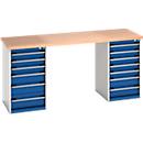 Bott Cubio werkbanken, beuken multiplex blad, B 2000 x D 750 x H 940 mm, tot 1500 kg, 13 laden, lichtgrijs/antracietgrijs