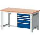 Bott cubio workbench, copper beech wood, W 1500 x D 750 x H 740-1140 mm, gentian blue RAL 5010/light gray RAL 7035