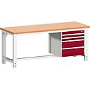 Bott cubio workbench, copper beech wood, W 2000 x D 750 x H 740-1140 mm, 1200 kg, purple RAL 3004/light gray RAL 7035