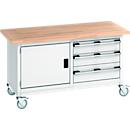 Bott Kastenwerkbank Cubio, 4 Lenkrollen, 3 Schubladen, 1 Tür, 40 mm Buche-Massiv, B 1500 x T 750 x H 840 mm, lichtgrau/lichtgrau
