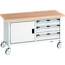 Bott Kastenwerkbank Cubio, 4 Lenkrollen, 3 Schubladen, 1 Tür, 40 mm Buche-Multiplexplatte, B 1500 x T 750 x H 840 mm, lichtgrau/lichtgrau